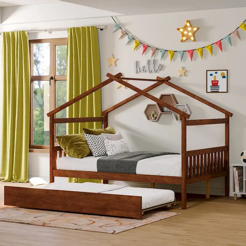 Wooden Full House Day Bed with Trundle