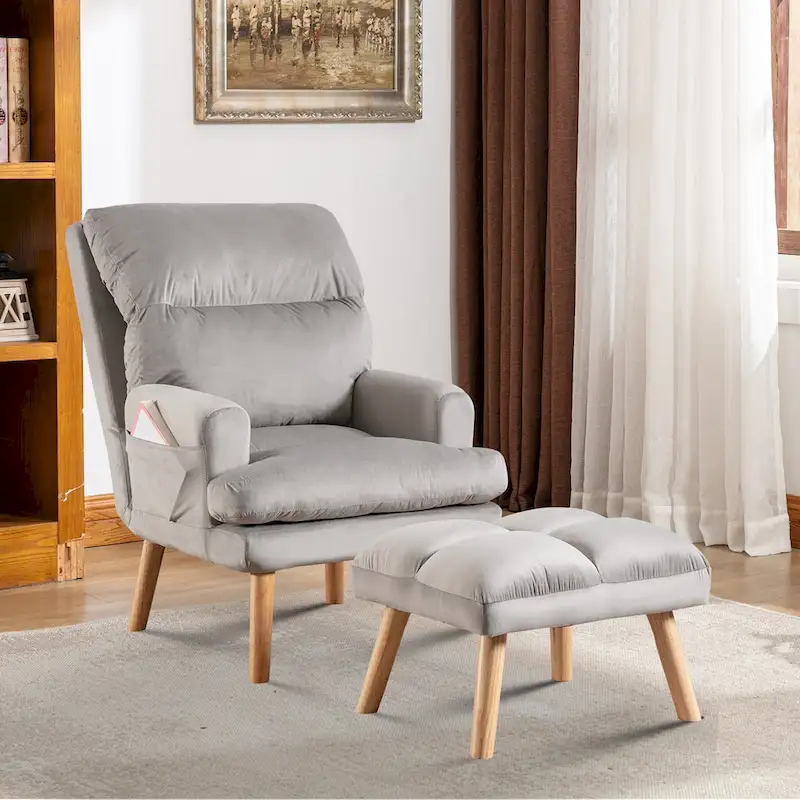 Velvet Fabric Armchair with Ottoman with Adjustable Backrest and Side Pockets
