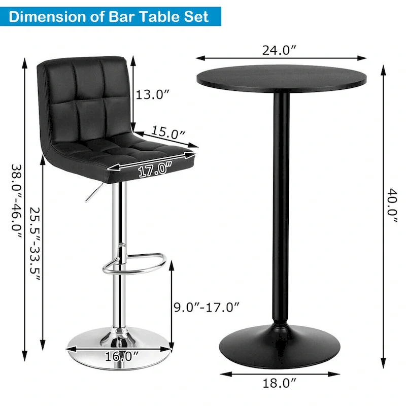Gymax 3PCS Pub Table Set 24 Round Bar Table & 2 Adjustable Bar