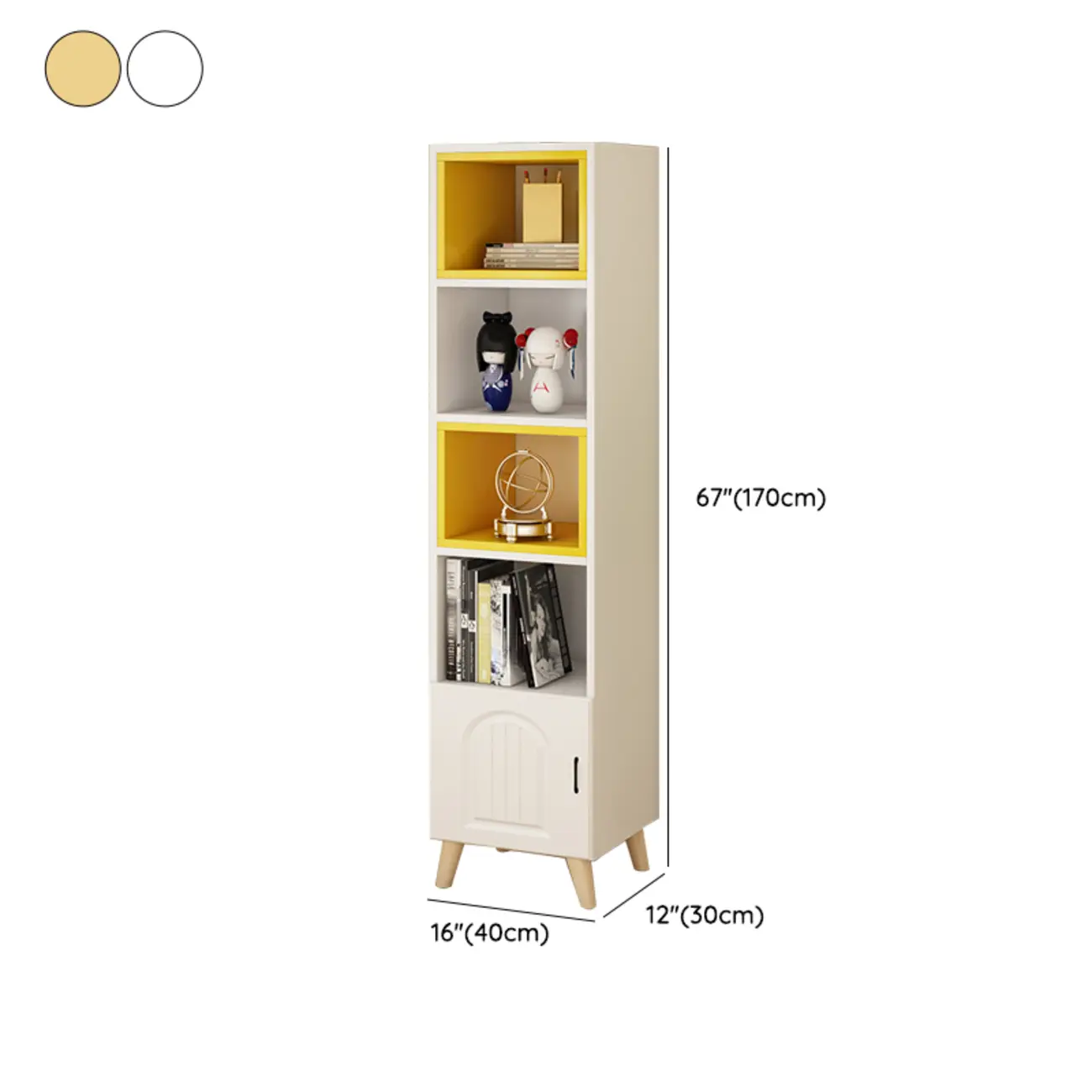 Wood 3-Tier White and Yellow Cube Bookcase with Cabinet
