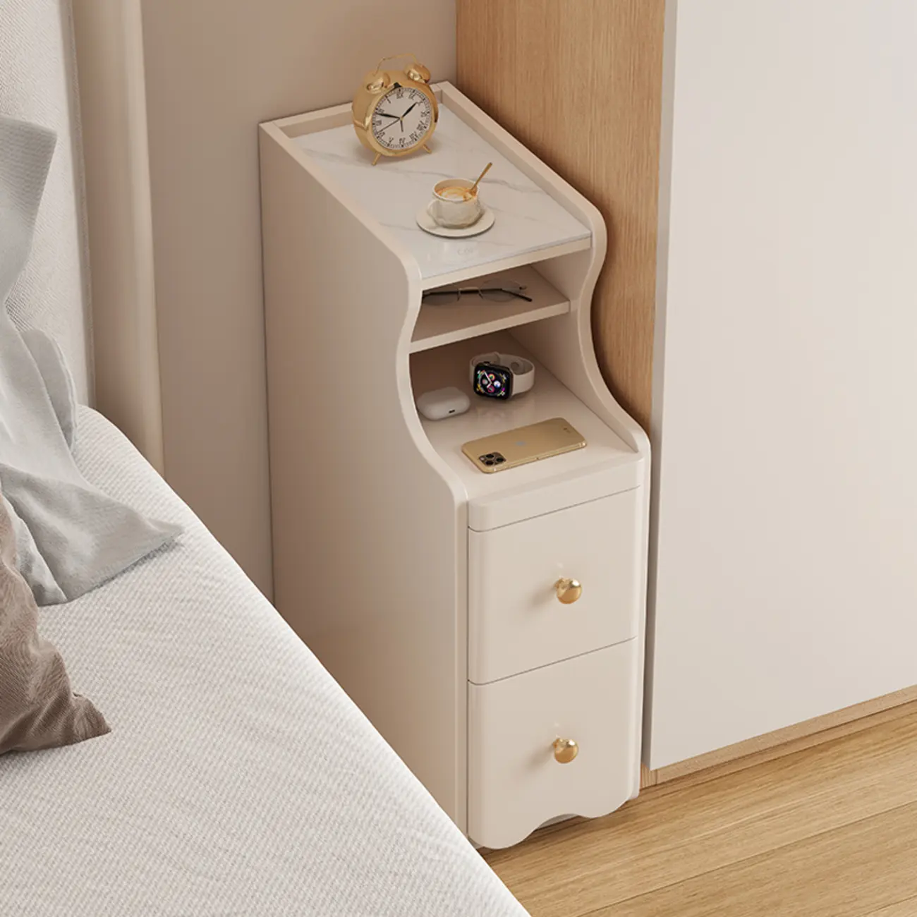 White Wood Faux Marble Open Storage Narrow Nightstand