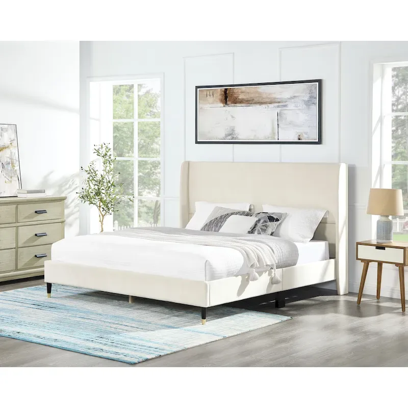 Beige Queen Size Style Platform Bed with Wingback Velvet Headboard