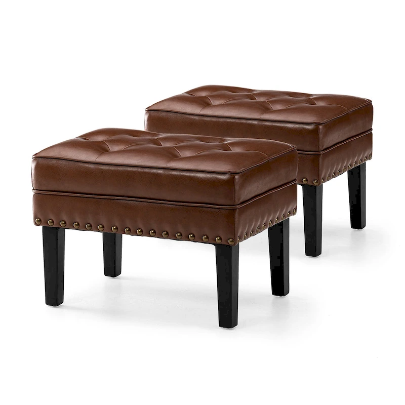Glitzhome Set of 2 22W Leatherette Button-tufted Foot Stools Ottomans