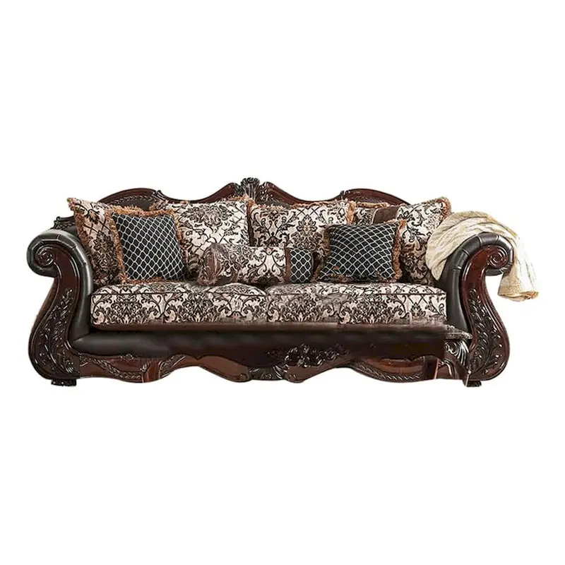 2pc Sofa Loveseat Set, Dark Brown Faux Leather, 5 Accent Pillows