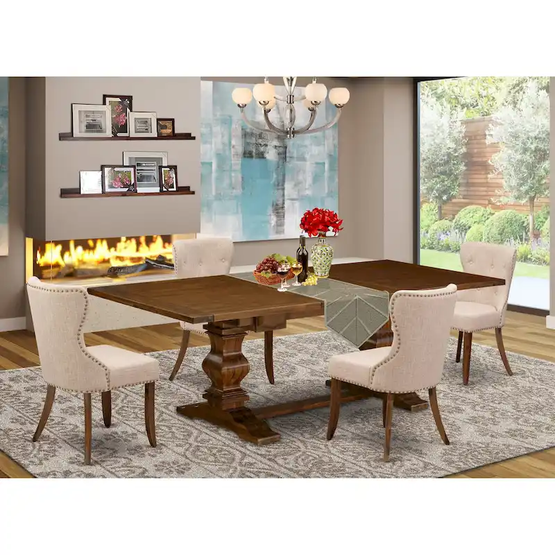 Dining Table Set- a Rectangle Dinner Table and Light Tan Linen Fabric Chairs, (Pieces Option)