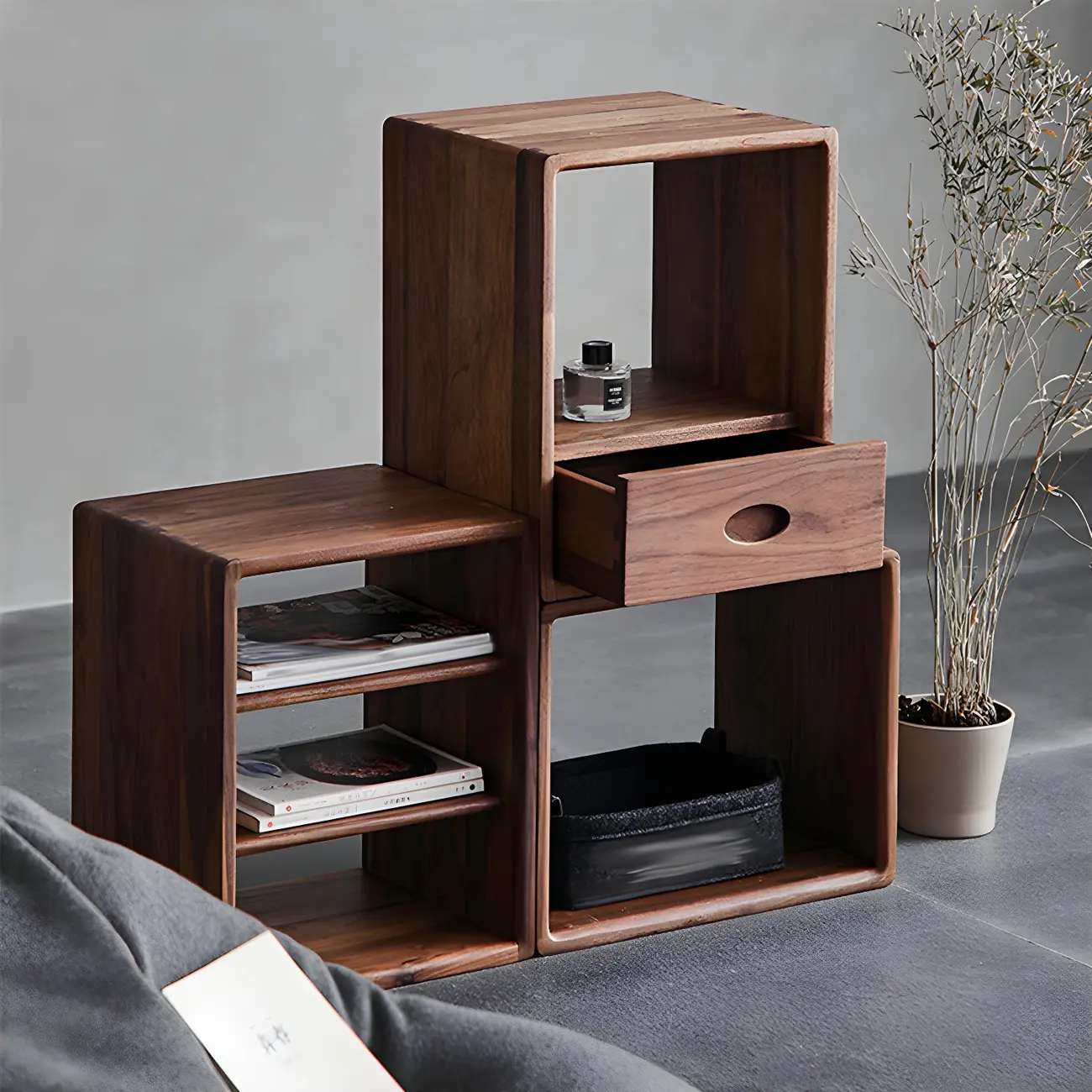 Mid-century Modern Brown Wood Cube Open Back Bookcase