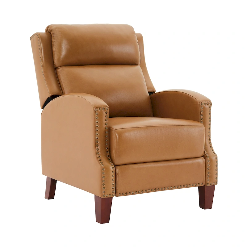 Genuine Leather Pushback Recliner with Multi-Angle Seat Back and Solid Wood Legs
