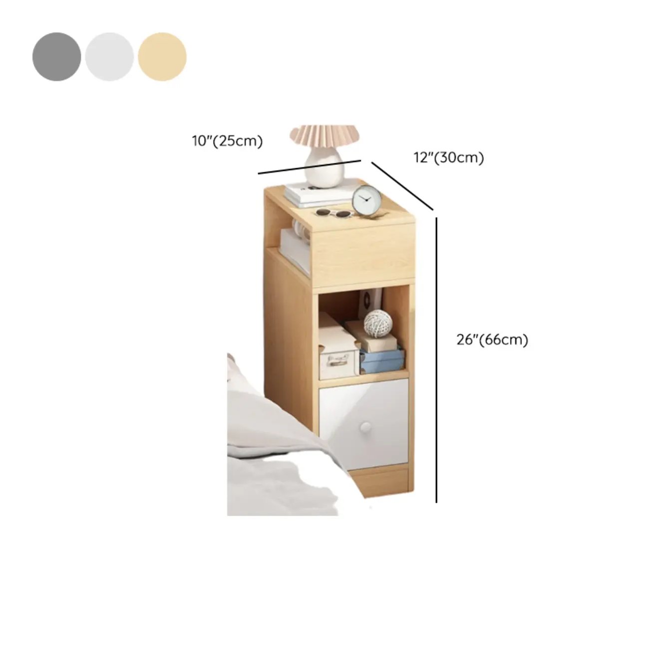 Wood Finish White Narrow Length Multi-Drawers Nightstand