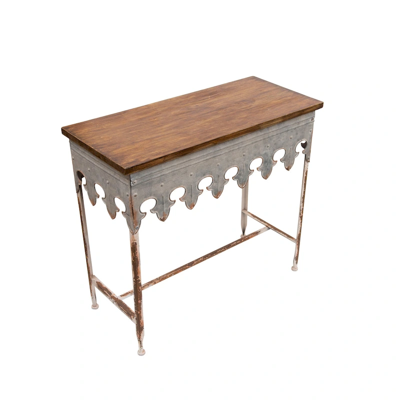 Zinc-Finished Metal and Wood Scalloped Edge Sofa Table