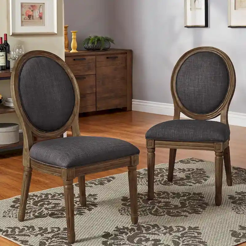 Round Linen and Wood Dining Chairs Set of 2, Artisan Style Upholstered Side Chairs