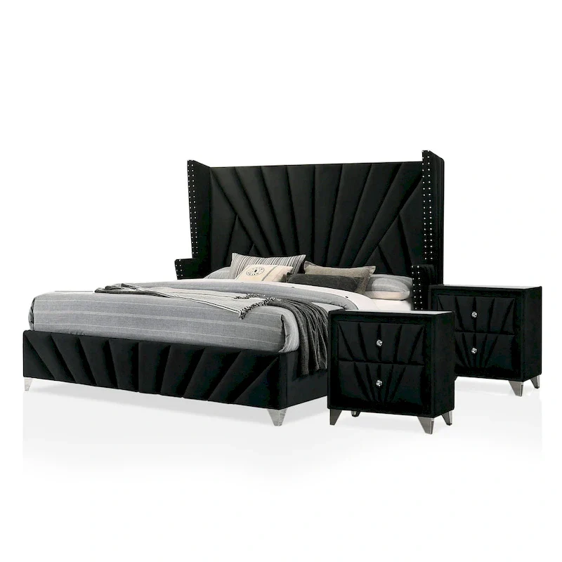 Ambrosia Glam Black Fabric Upholstered Nailhead 3-Piece Panel Bedroom Set by Furniture of America