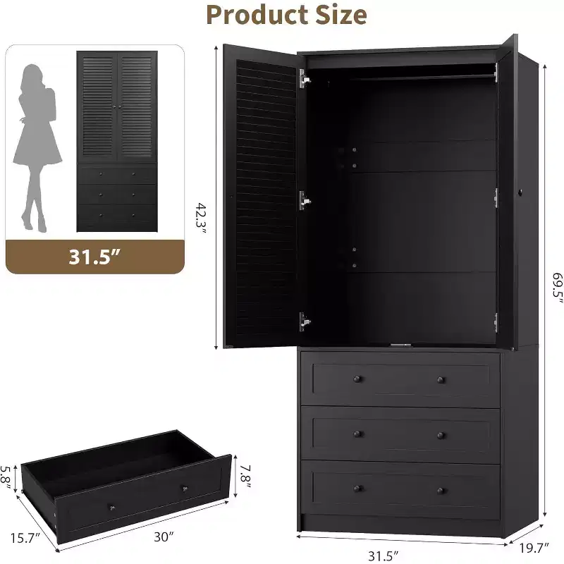 Armoire Wardrobe Closet with Drawers, 69.5 Wooden Wardrobe Cabinet with Hanging Rod, 2 Doors Clothing Storage Cabinet for Bedroom, Louvered Door