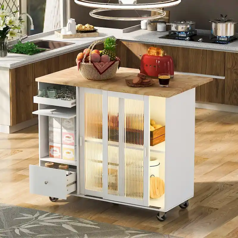 Kitchen Island with Drop Leaf,LED Light Cart on Wheels with 2 Fluted Glass Doors,Adjustable Shelf,2 Drawers,1 Flip Cabinet Door