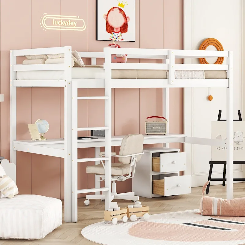 White Twin Size Wood Loft Wood Bed with Under-bed, Built-in Desk, a Storage Cabinet of 2 Drawers, Guardrails and Ladder