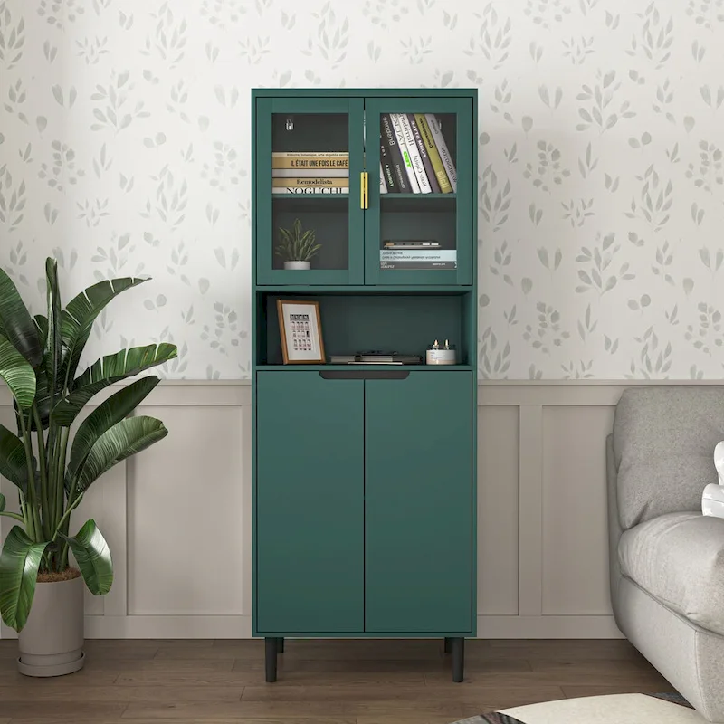Tall Storage Show Cabinet with 2 Glass Display Door & 2 Doors