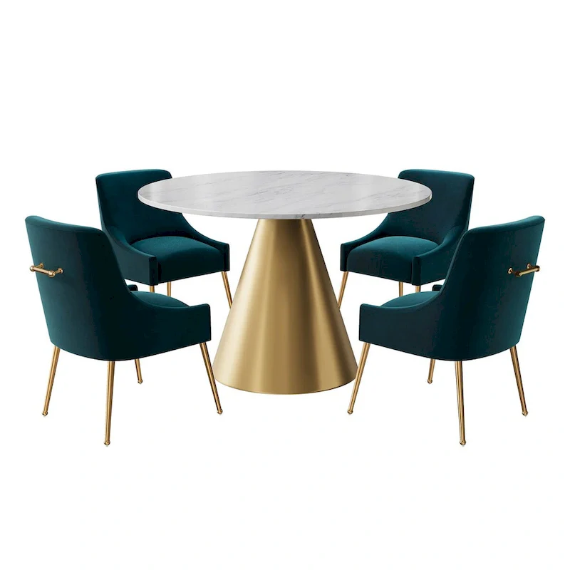 48 Marble Top Metal Dining Table with Velvet Dining Chair Set