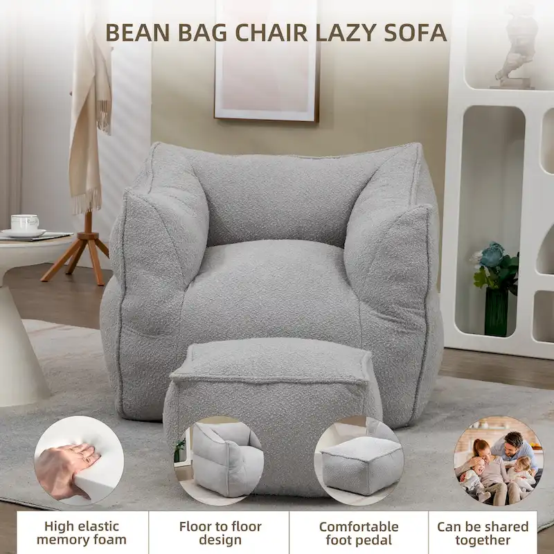 Boucle Upholstered Deep Seat Armless Square Bean Bag Chair with Ottoman
