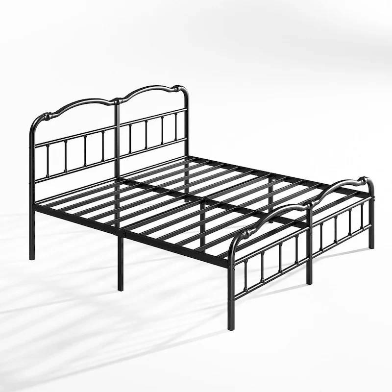 Heavy Duty Anti-Sway 18 Inch High Steel Tube Iron Bed, Double Wave Headboard And Footboard