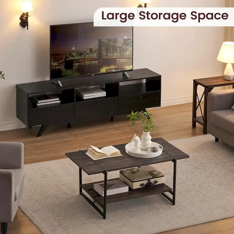 2-Tier Farmhouse 41 Large Wood Coffee Table with Shelf