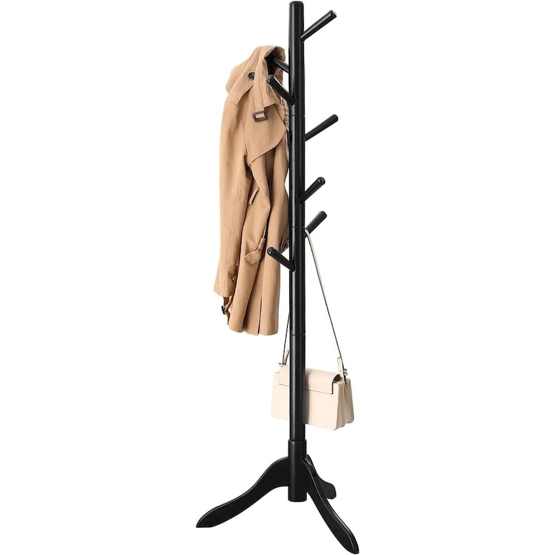 Solid Wood Modern Coat Rack, 8 Hooks, 53 lb Capacity, Adjustable 3-Section Design with Triangular Base