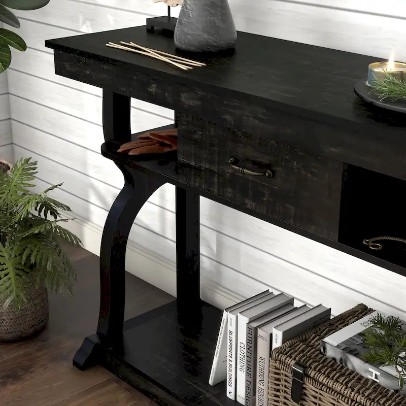 DH BASIC Farmhouse Black Oak 47-inch 3-Open Shelf Console Table by Denhour