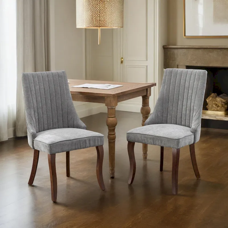Rayon Cloth Flocking Linen Dining Chairs Channel Kitchen Dinner Upholstered Accent Chair Curved Solid Wood Legs,Set of 2
