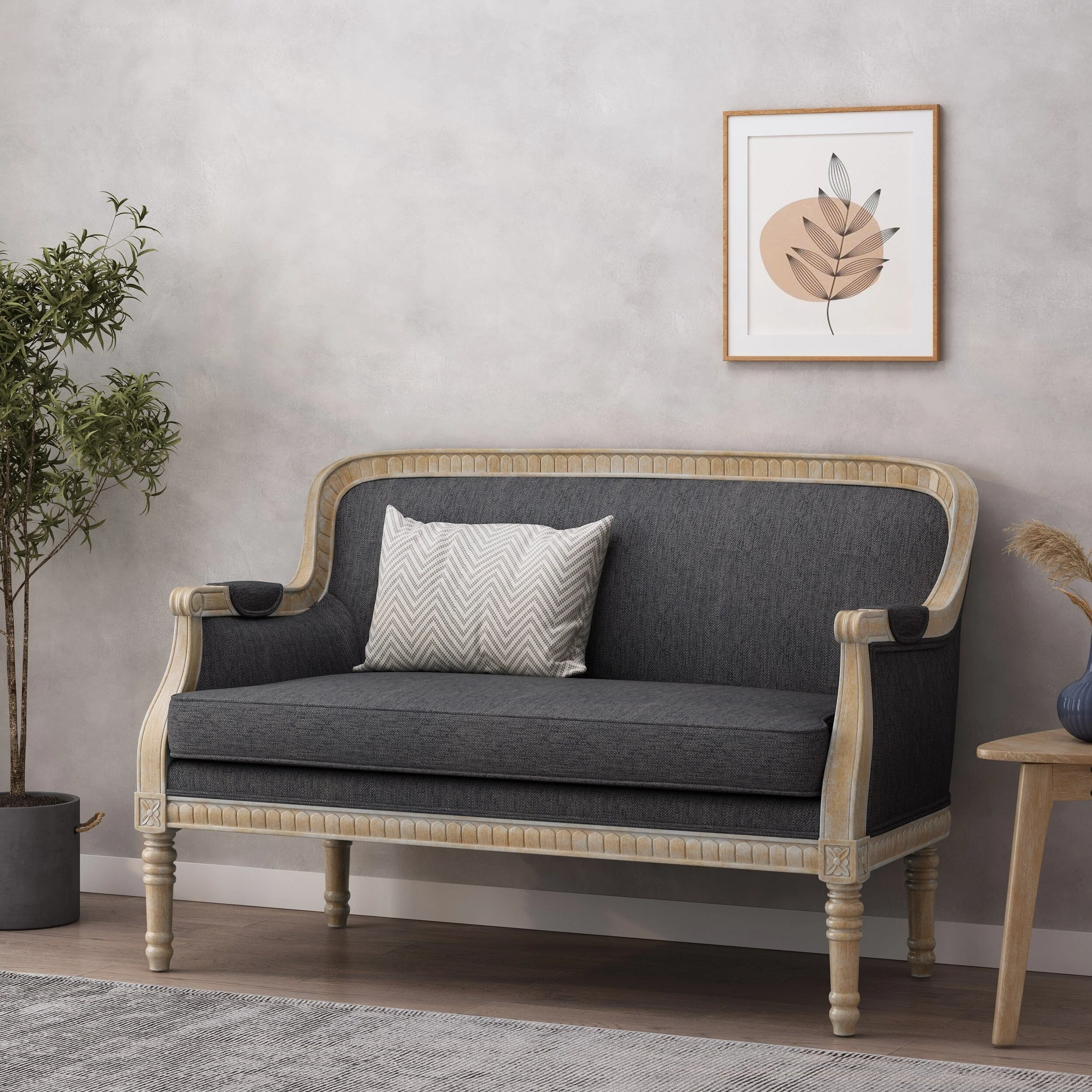 Charcoal Wood Loveseat Sofa with Rubber Wood Frame