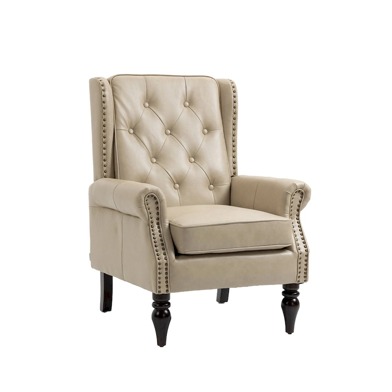 Mid-Century Velvet/Leather Upholstered Tufted Wood Frame Armchair