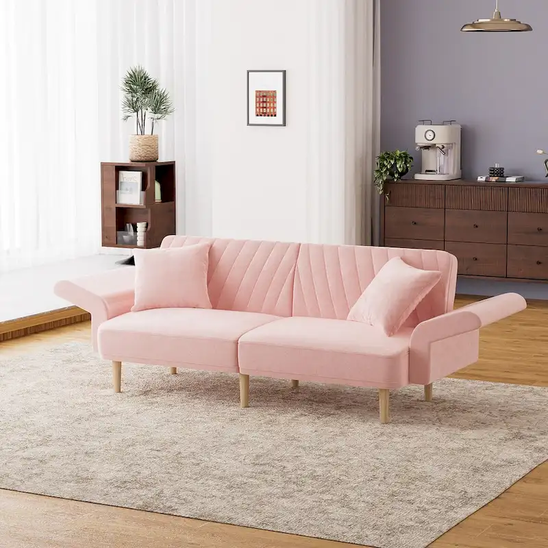 Ouyessir Upholstered Tufted Convertible Futon Sofa Bed with Foldable Armrest