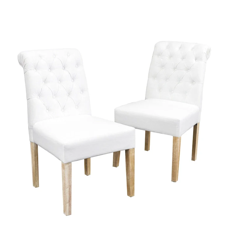 Feni Dining Parsons Chair Set of 2, Tufted Rolled, Off White Linen