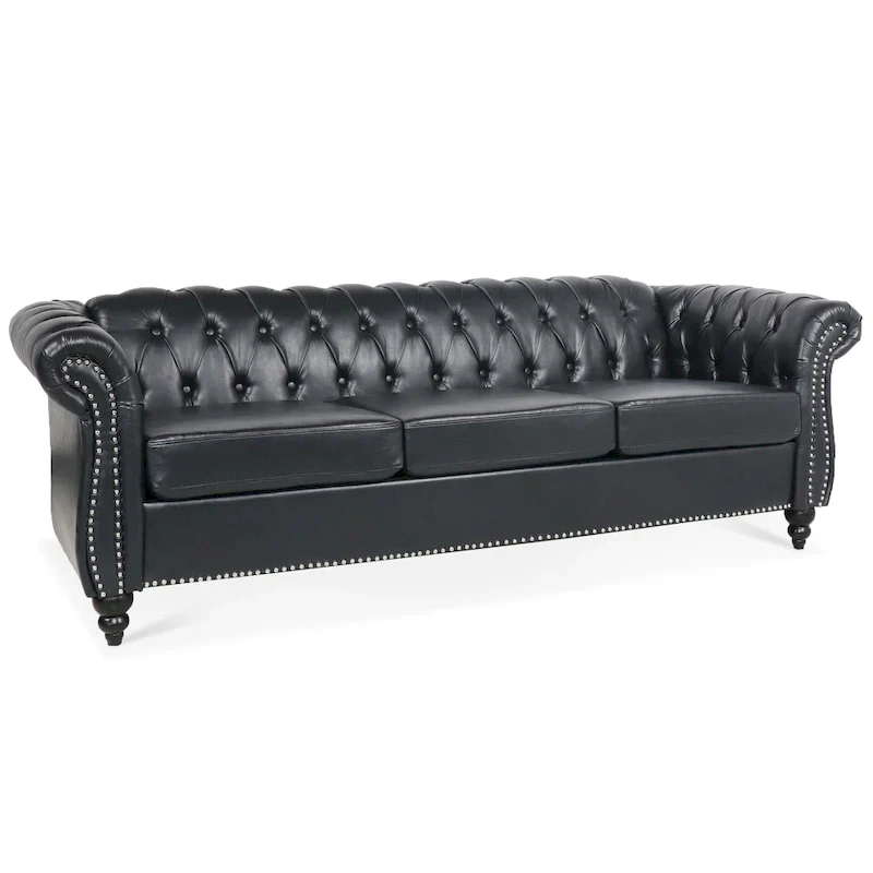 Faux Leather Rolled Arm Chesterfield Three Seater Sofa