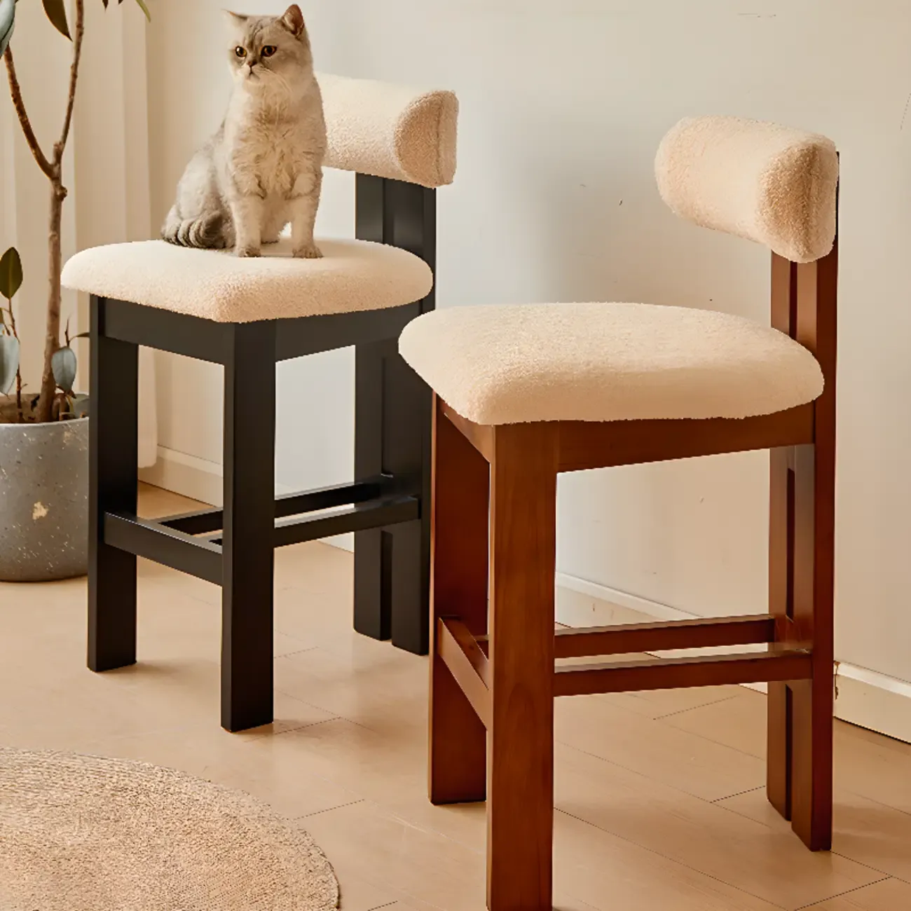 Wooden Boucle Cushioned Backrest Bar Stool