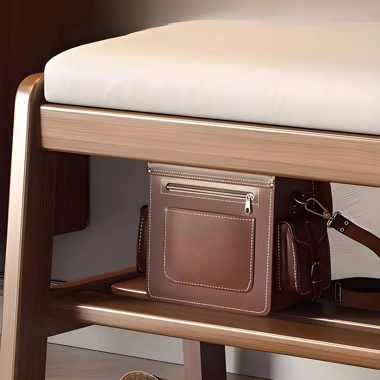 Entryway Solid Wood Cushioned Trapezoid Shoe Bench