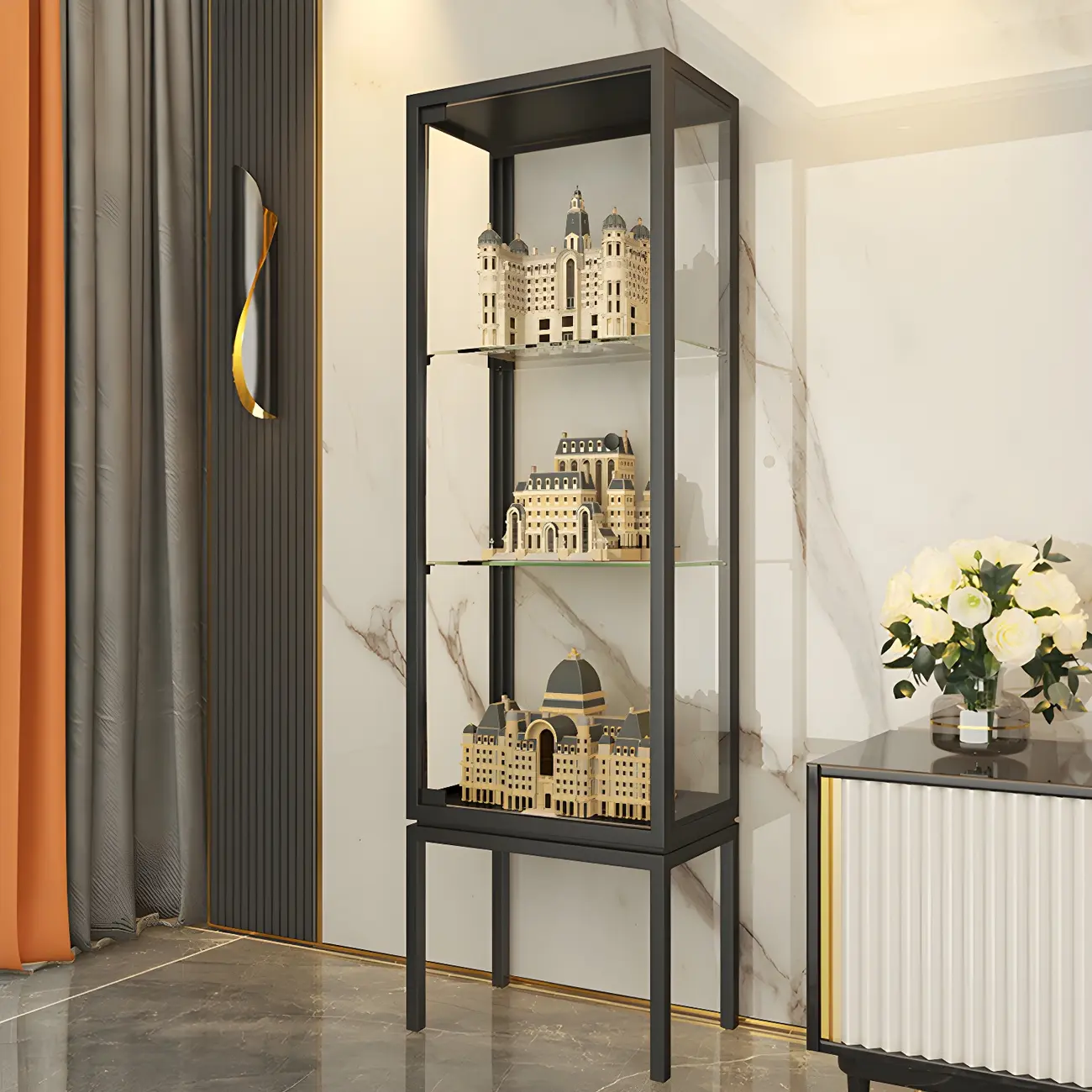 Glam Clear Glass Shelf Black Metal Frame Curio Cabinet