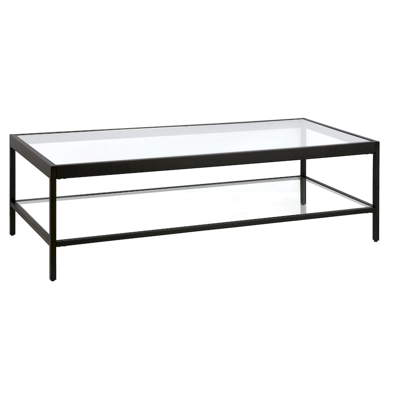 Contemporary 54-Inch Rectangular Coffee Table Glass Top with Steel Base Bottom Storage Shelf Perfect for Living Room