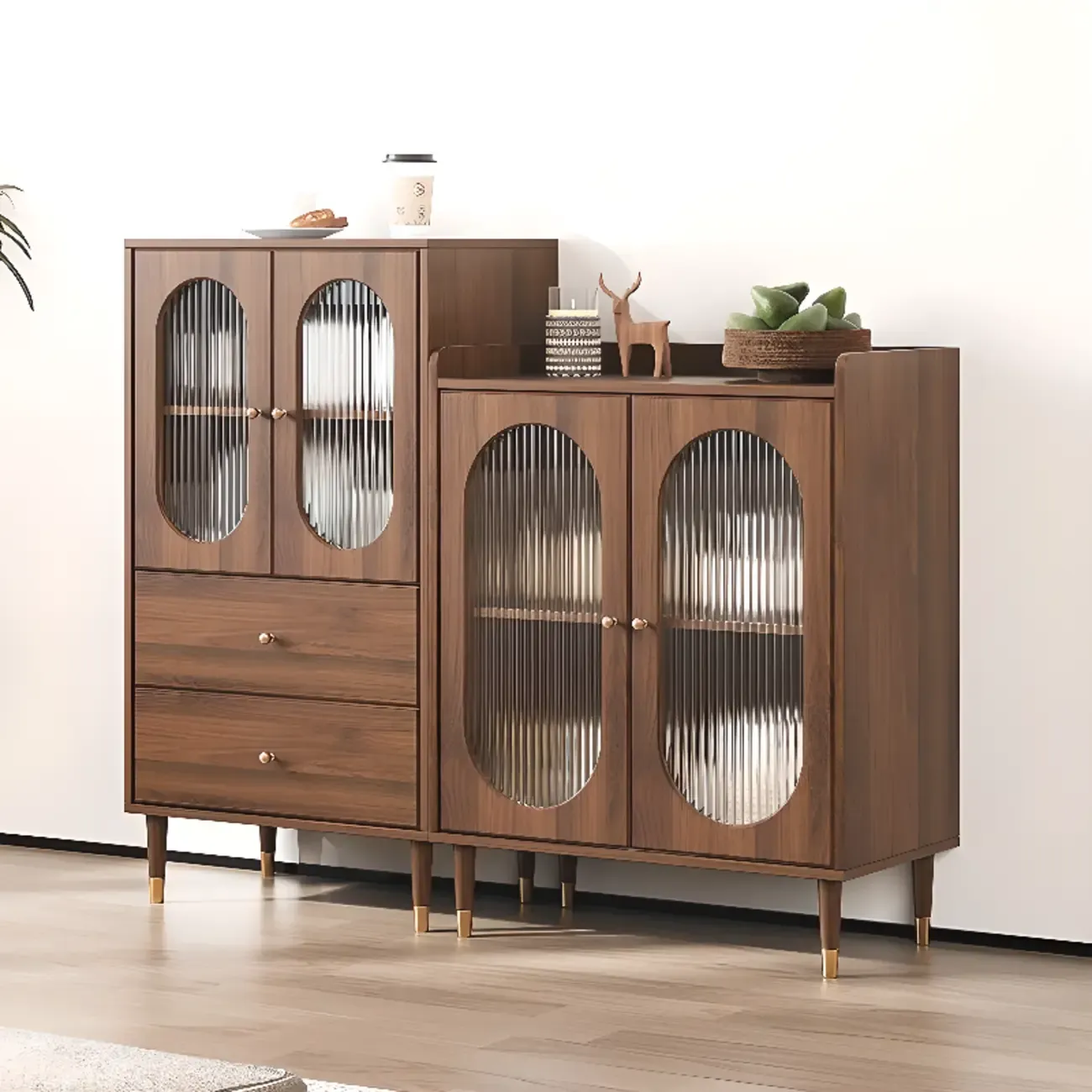 Retro Wooden Living Room Cabinet with Glass Door & Drawers