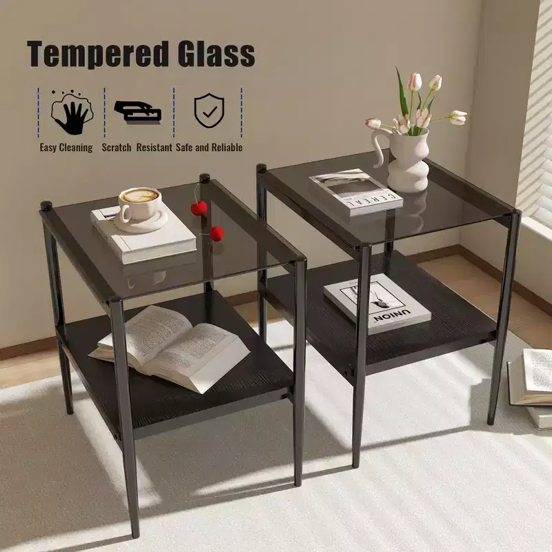 Gray Glass & Black Metal Rectangle End Table, Set of 2
