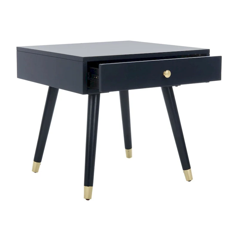 Mid-Century End Table with Brass Caps – Navy / White / Brown, Dark Wood, Single
