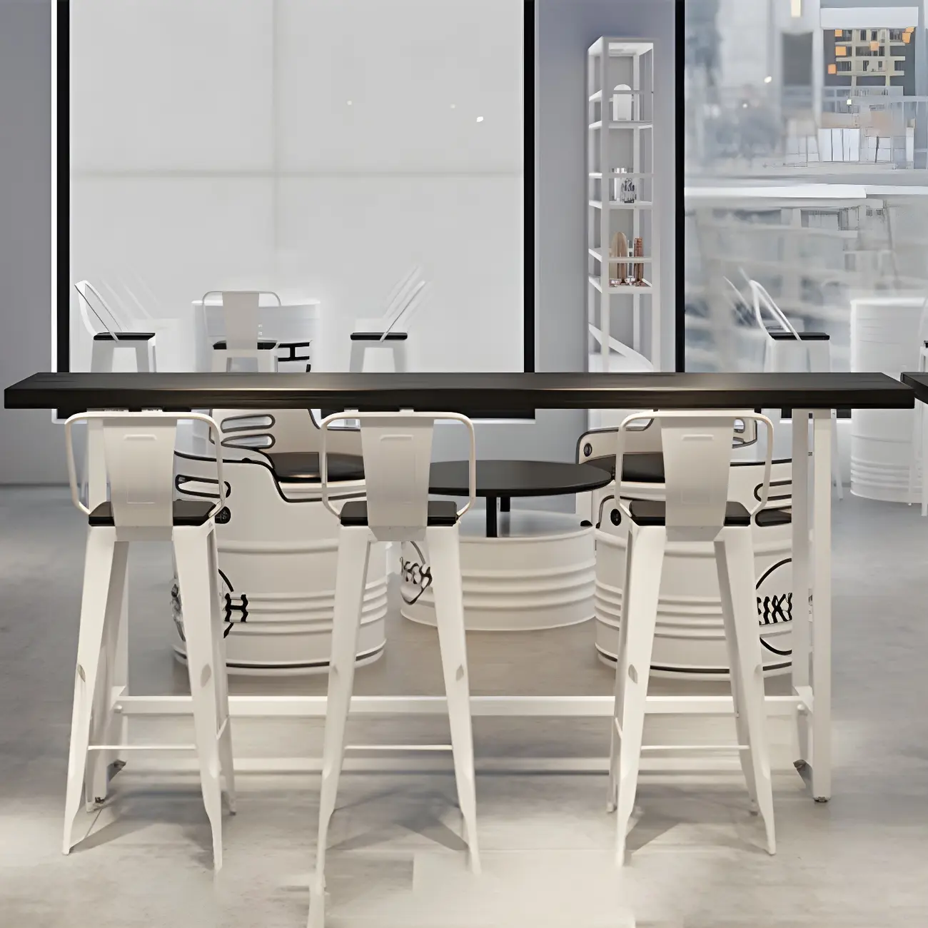 Industrial Black Wood Top Metal Trestle Base Bar Table