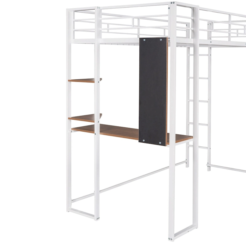 White Twin Metal Loft Bed with Ladder, Fence & Desk