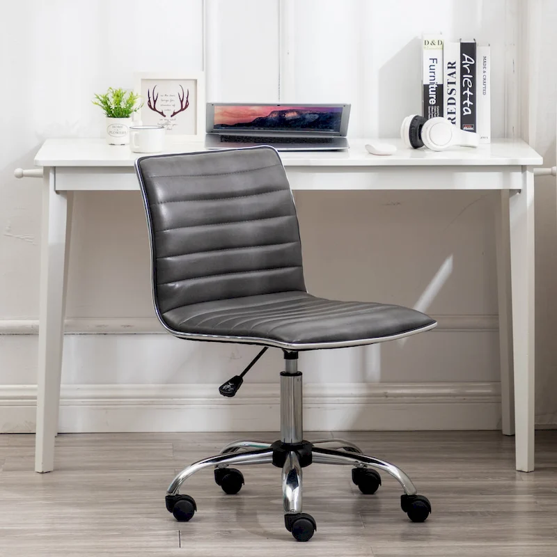 Swivel Mid Back Armless Ribbed Designer Task Chair Faux Leather Soft Upholstery Office Chair Gray