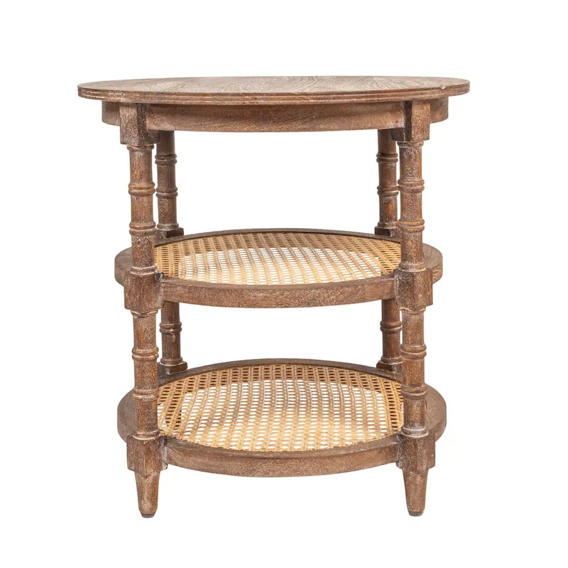 Round Mango Wood Table with 2 Cane Shelves
