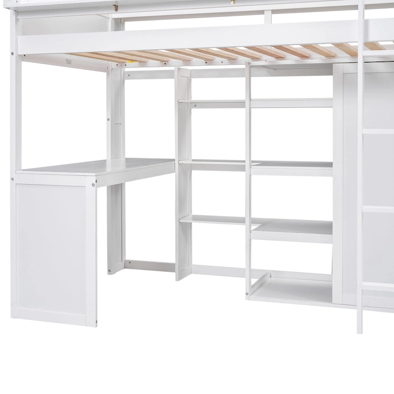 Twin Wood Loft Bed with Shelves, Wardrobe, and Desk