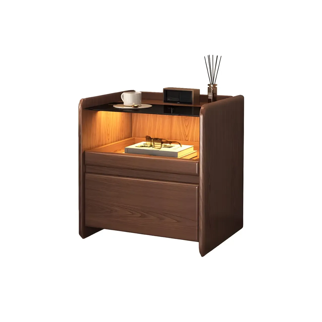 Nut-Brown Wood Glass Top Drawer Nightstand with Light