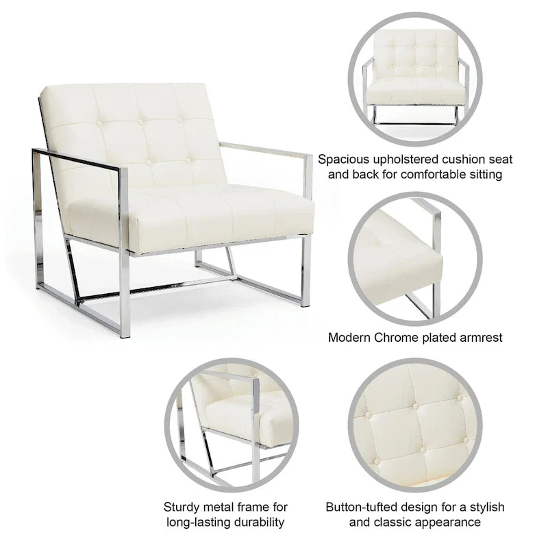 Glitzhome 30.50H Cream Mid-Century PU Leather Tufted Accent Chair with Chrome Plated Frame
