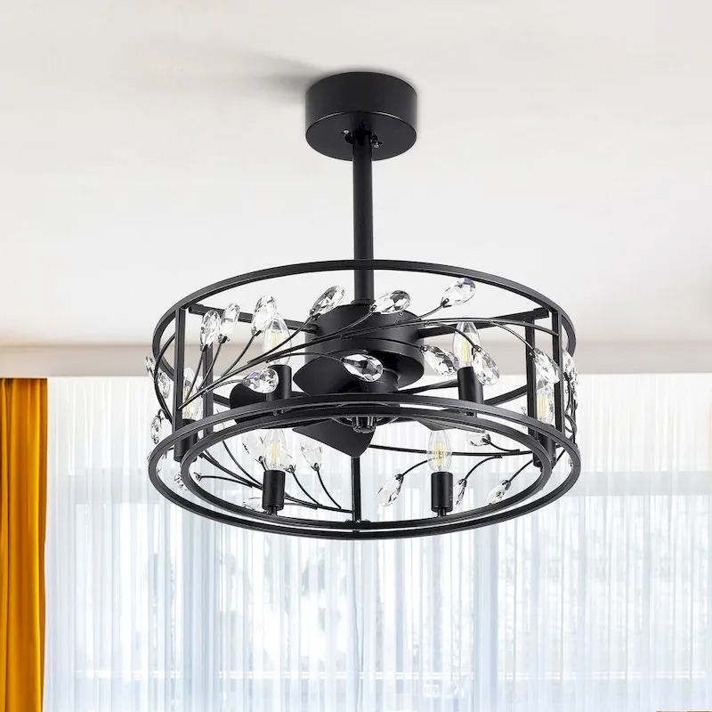 20  Black Caged Ceiling Fan with Crystal Light Kit Remote Control - 20 Inch