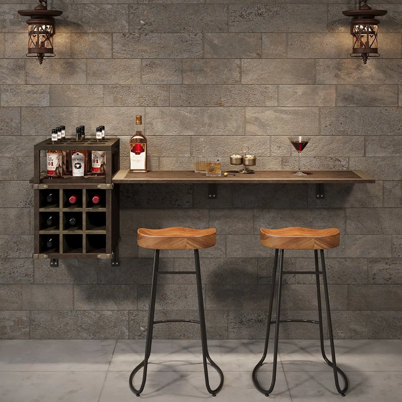 Industrial Wall Mounted Bar Counter with Wine Rack