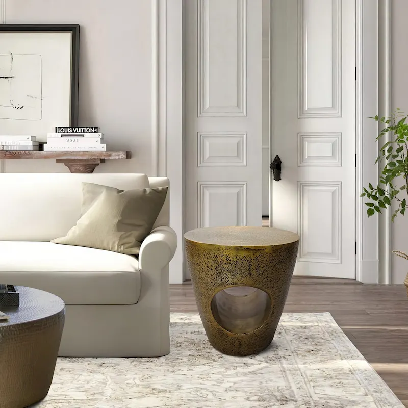 Nala 17 Inch Side End Table, Tapered Drum Shape with Unique Hollow Center, Antique Brass Aluminum