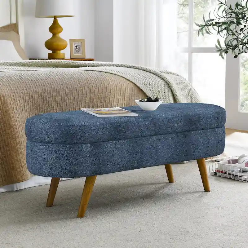 43.5 in. Oval Bedroom Bench Linen Fabric Upholstered Storage Ottoman Bench with Solid Wood Legs Entryway Bench