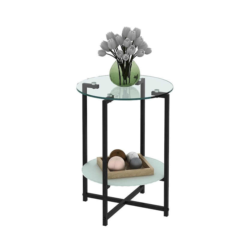 2-layer Round Tempered Glass End Table/Coffee Table with Iron Frame